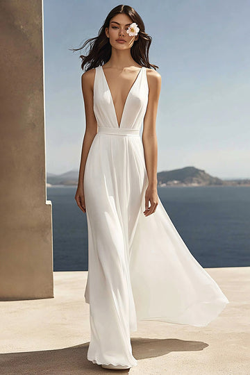 Ivory V-Neck A Line Graduation Dress